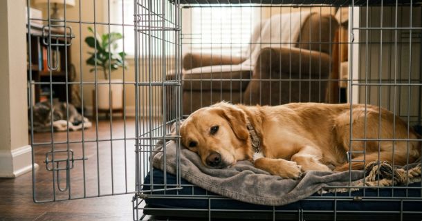 Как приучить собаку к клетке
